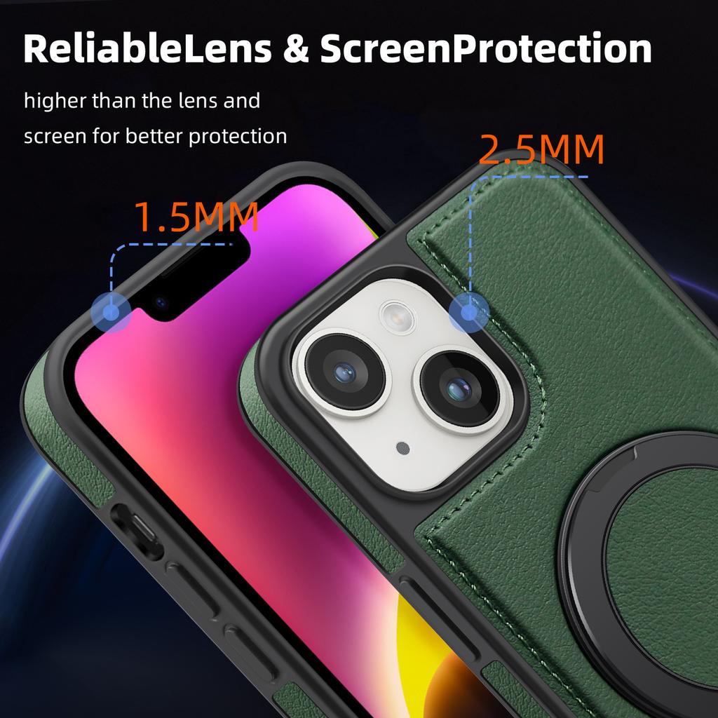 For iPhone 14 Plus Case with Ring Kickstand Compatible with MagSafe PU Leather Back Cover