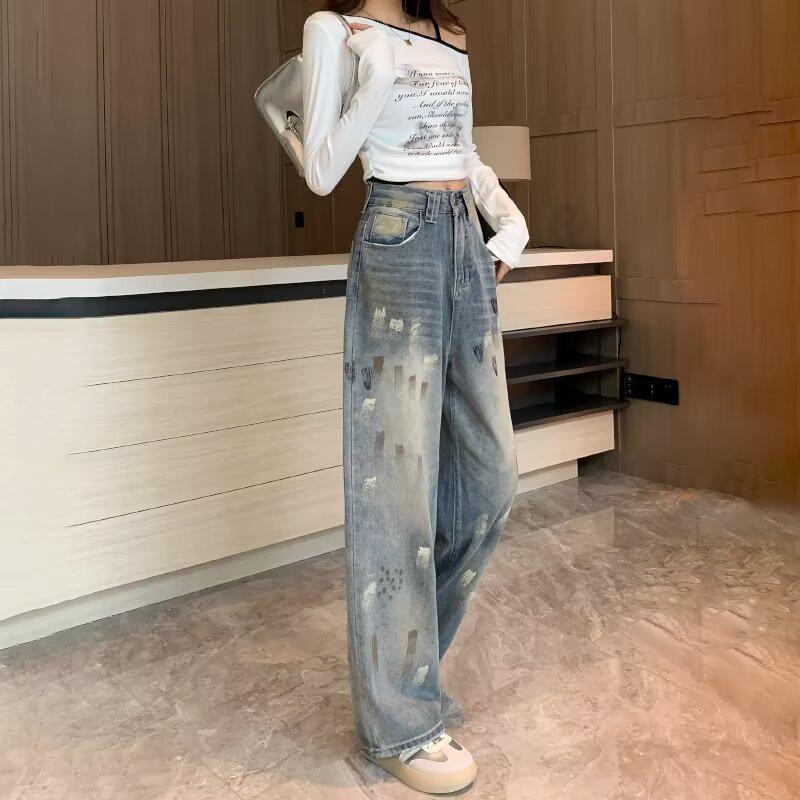 Vintage High-Waist Fleece-Lined Jeans for Women - 2024 Autumn/Winter, Slimming Straight/Wide-Leg Style