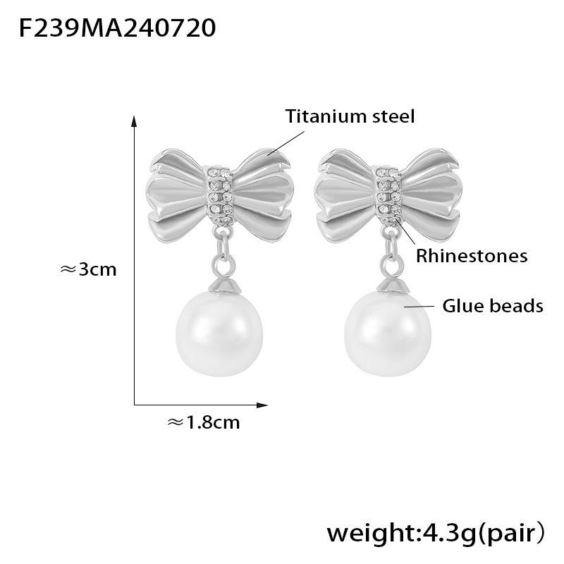 French Retro Rhinestone Bowknot Pearl Earrings: Gold-Plated Titanium Steel Studs for Women