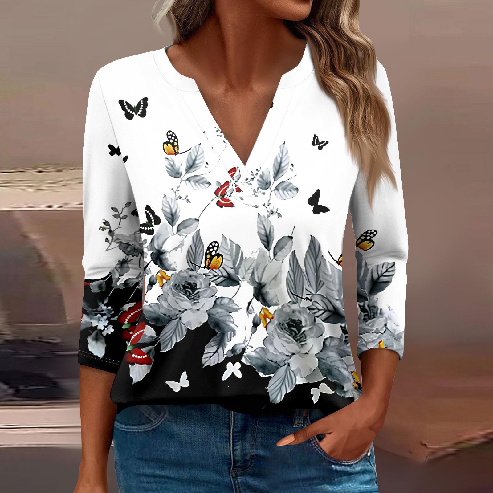 

Жен. Футболка Футболка С принтом Пуговицы Рукав 3/4 Повседневные Выходные Мода Классический Классический V-образный вырез Обычный Верх XXXL чёрный