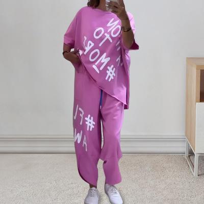 O-Neck Short Sleeve T-shirt Waist Ties Pockets Harem Pants Set Letter Print Casual Tracksuit