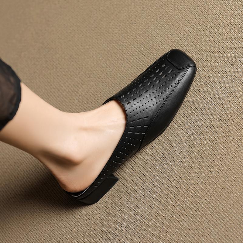 Fashion 2025 New Fashion Covered Toe Genuine Leather Women Thick Heels Casual Mules Summer Daily Walk Sheepskin Leather Slippers Sandals
