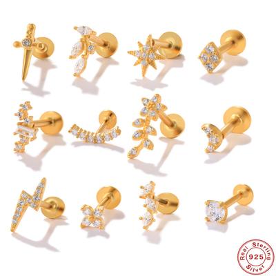 S925 Sterling Silver Flower Moon Diamond Set Flat Head Internal Thread Glossy Piercing Cartilage Earrings Earrings