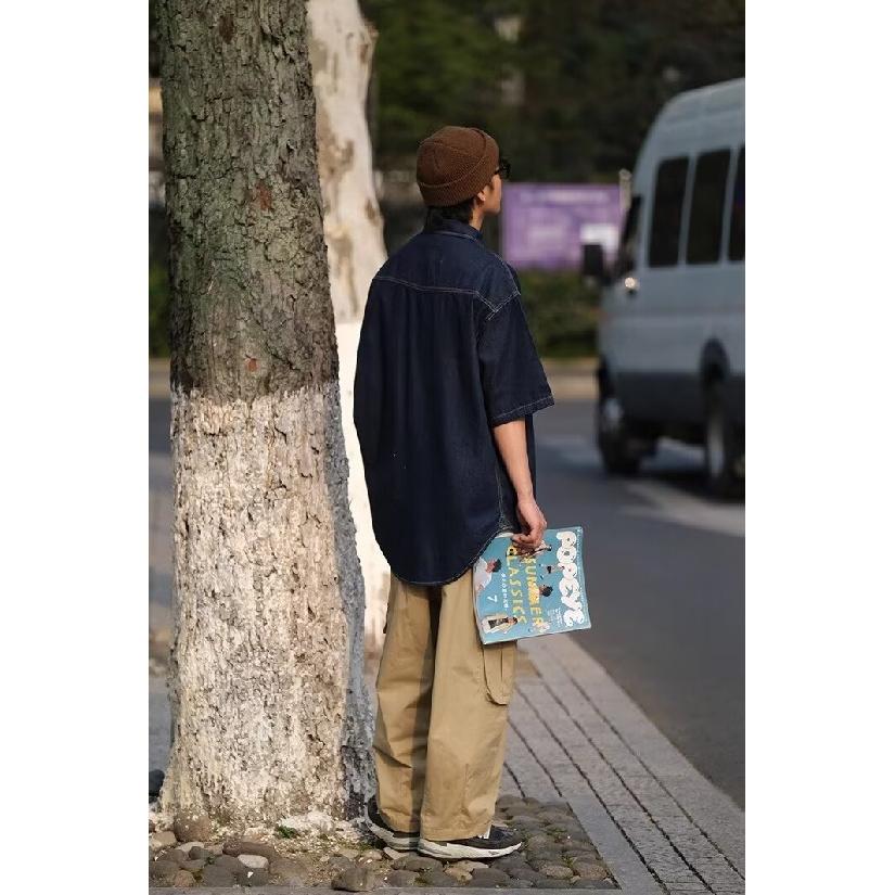 Japonská retro módní značka Letní volná džínová košile s krátkým rukávem Umělecká košile pro mladé Pracovní oděv Pánská a dámská vrstvená bunda