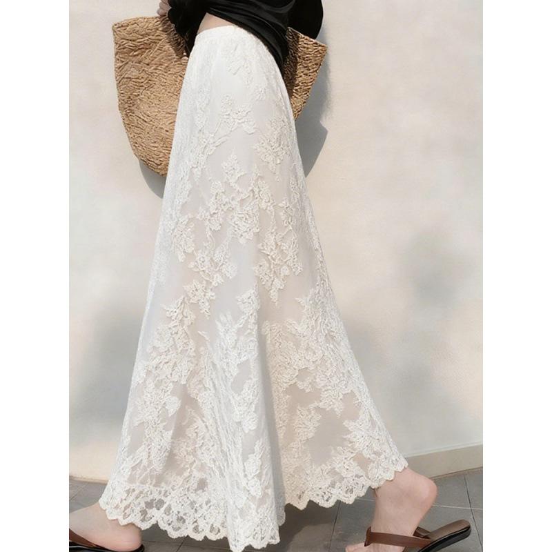 Design Estivo, Temperamento Chic, Sensazione di Pendente, Gonna Lunga in Pizzo Bianco, Gonna Lunga a Vita Alta Sottile a Forma ad A da Donna, Gonna Midi in Pizzo Bianco a Vita Alta