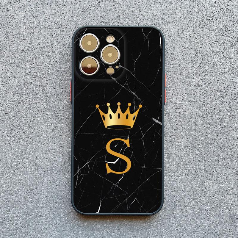 Crown Letter A To Z Phone Case For Iphone 16 13 14 15 Pro Max 11 12 8 7 Plus SE20 X XR XS Marble Pattern Black Shockproof Cover