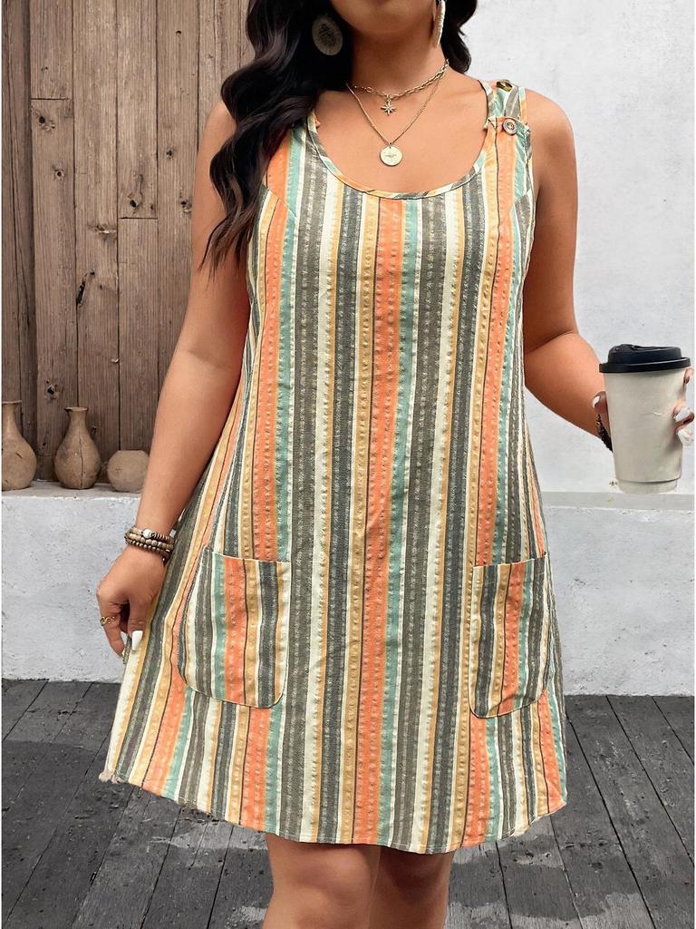 2026 Summer Fashion: Striped Sleeveless Dress with Button Pockets, Women's Casual European & American Style.