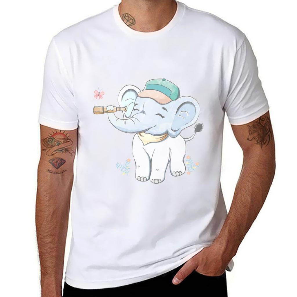 Cute Baby Elephant Discovering with Binoculars TShirt UV Sun Protection Tee Shirt
