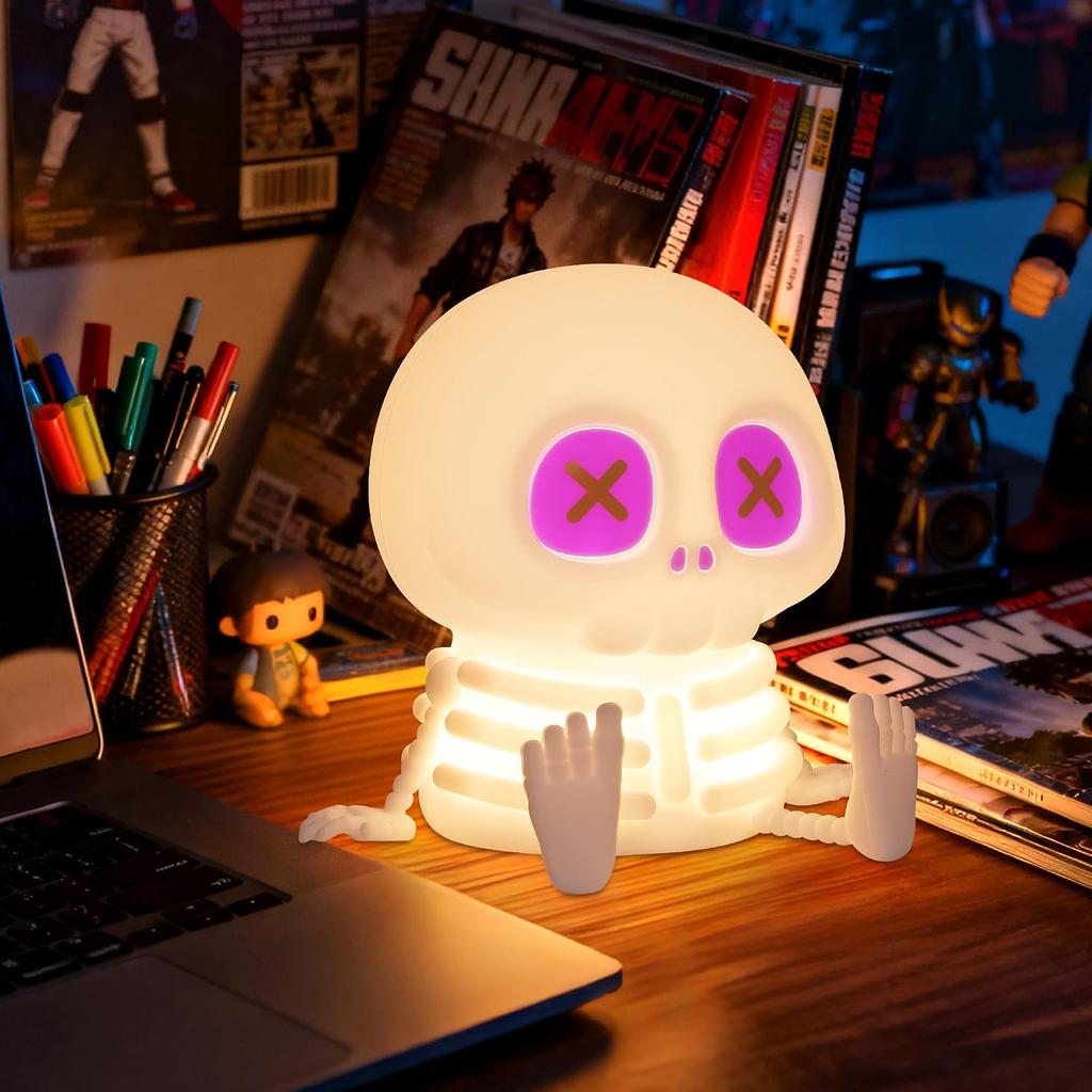 Touch‑Control Silicone Skull Night Lamp, 8‑Color 2‑Brightness LED Bedside Light, Halloween Party Home Decor for Holiday
