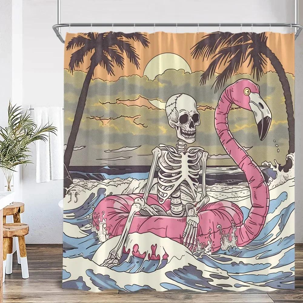 Funny Skull Bone Shower Curtain Halloween Flower Green Leaves Bathroom Decoration Vintage Skull Polyester Shower Curtain