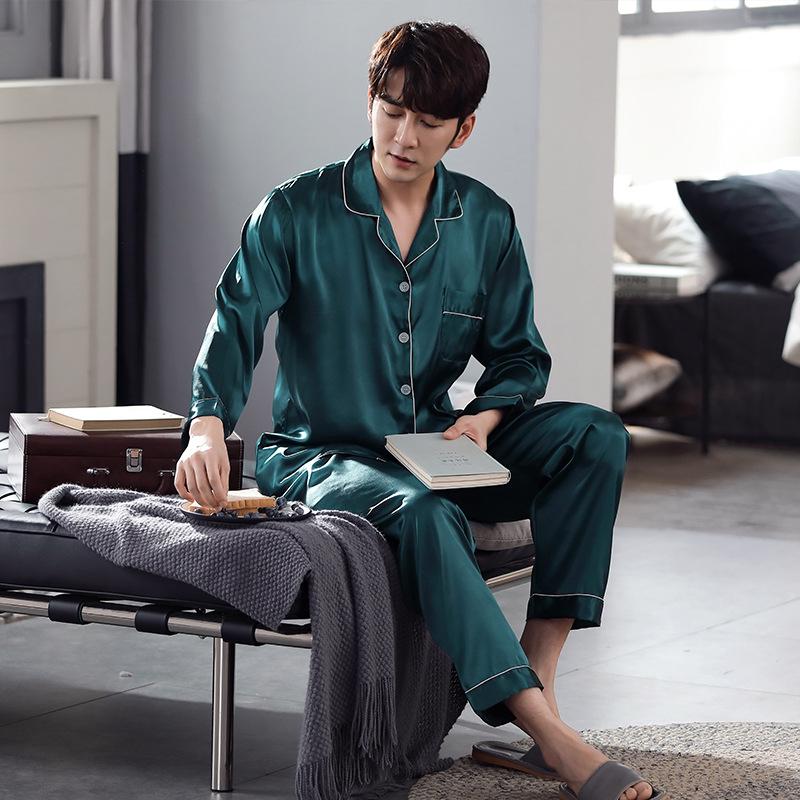 Han Yatong Silk Couple Pajamas Set: Autumn Long Sleeve Cardigan Homewear