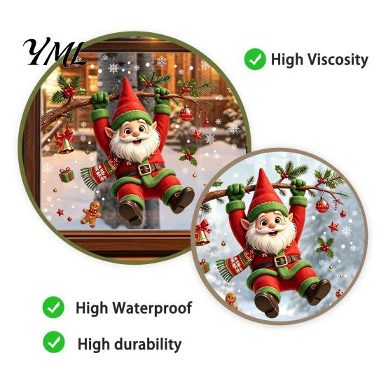 Holiday Party Decor Cute Gnome Christmas Static Window Cling, Removable Decal with Holly Bell Pattern Stickers Gingerbread Snowflake, for Home Living