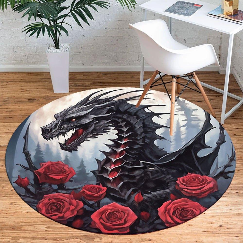 Black Dragon with Red Roses Circular Wall Art PrintRound Non-Slip chair mat chair carpet for office Rugs for Office Decor Gift For Valentine's Day Mot