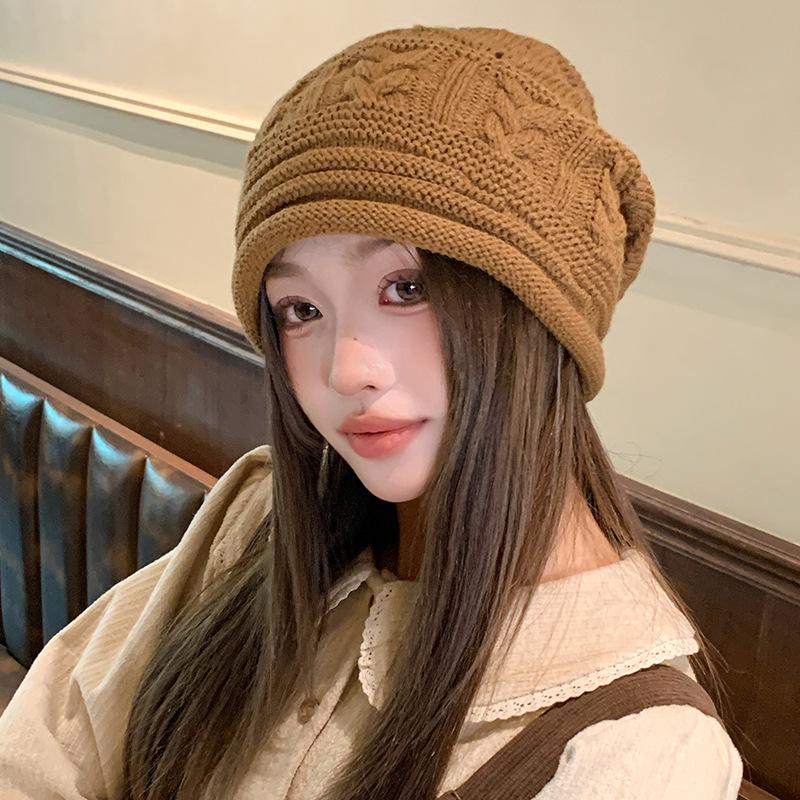 Curled Baotou Knitted Hat Women's Autumn and Winter Large Head Circumference Warmth Ear Protection Pile Hat Face Revealing Small Woolen Hat