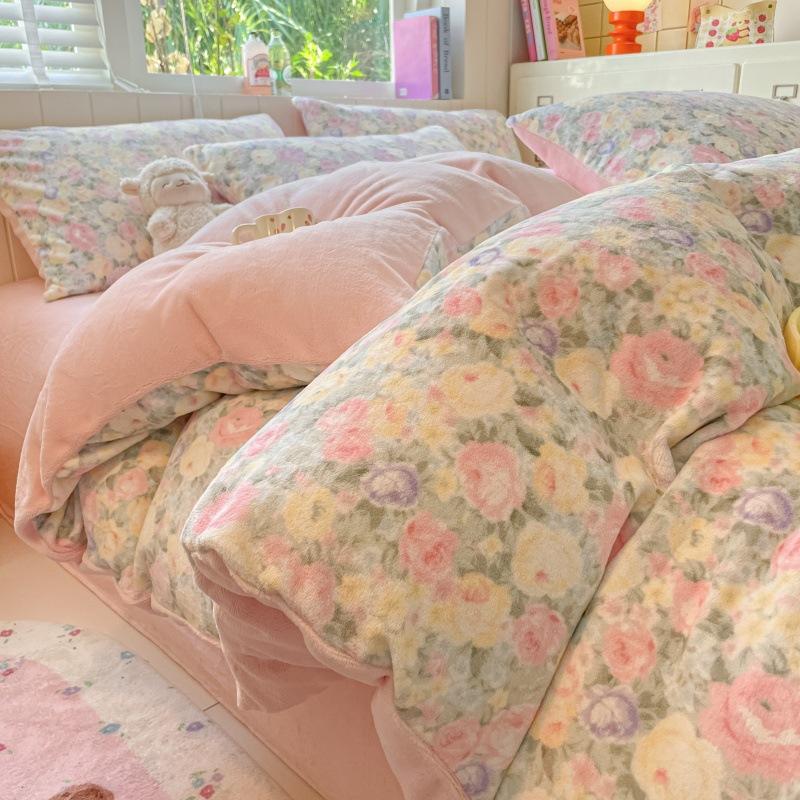 Thickened Milk Fleece Bed Four-Piece Set Warm Student Dormitory Quilt Cover Flannel Three-Piece Set