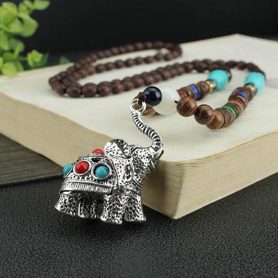 Ethnische Elefanten-Halskette, vielseitige lange Pullover-Kette aus Holz, handgefertigter Vintage-Buddha-Anhänger aus Baumwolle und Hanf