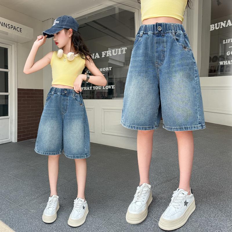 Sommer Mädchen Jeansshorts Kinder Blaue Kurze Jeans Tween Hosen Kinder Kurze Hosen Kleinkind Lässig Weiche Knielange Jeans Caprihosen