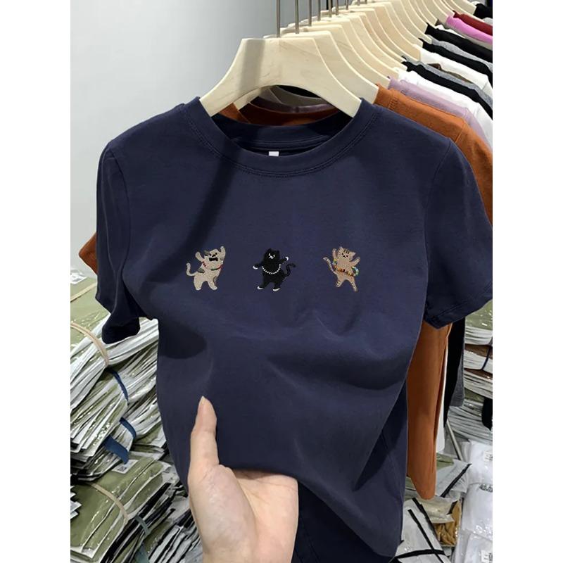 Spring Summer Women Embroidered T Shirt 3 Cute Dancing Cats Casual Crew Neck Short Sleeve Soft Navy Blue Cotton Basic Tee