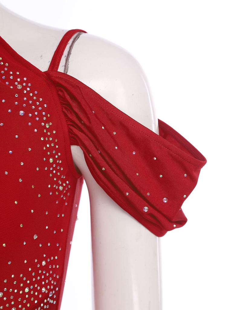 Damen Latein-Tanzparty Jumpsuit S-XXL: Halter Off-Shoulder rückenfreie Strampler mit Strasssteinen, mehrstufigen Quasten für Samba, Rumba, Gesellschaftstanz