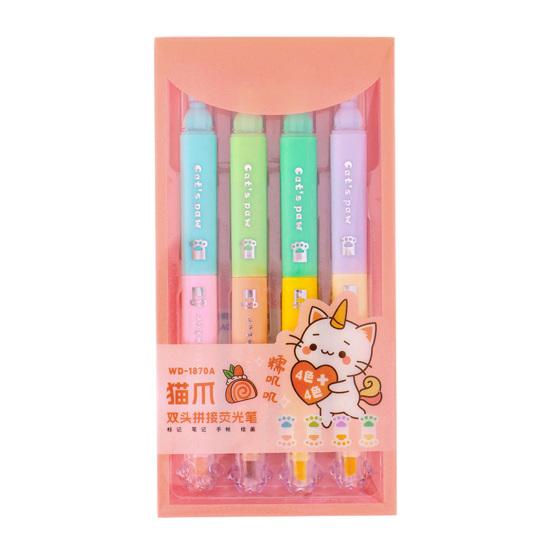 4Pcs Dual-Tip Cat Paw Highlighter with Stamp & Marker Cute Pastel Journaling Pen for Students Smooth Quick-Dry Fun School