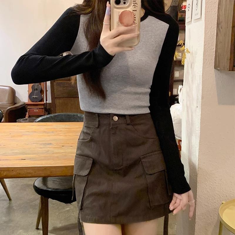 Round neck contrasting color raglan long-sleeved T-shirt for women's outer wear new autumn design foreign chic short bottoming shirt top