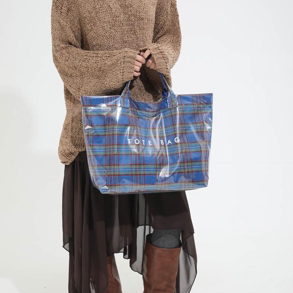 PVC Tote Bag Plaid Work Handbags Purses Large Shoulder Handbag Plastic Carry All Bag for Women Work Travel Fashion Shopping Bag