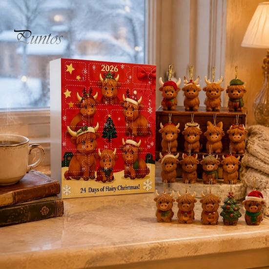 Holiday Hanging Ornaments Highland Cow Christmas Advent Calendar with 24 Acrylic Ornaments, Festive Countdown Box for Tree Decor And Seasonal