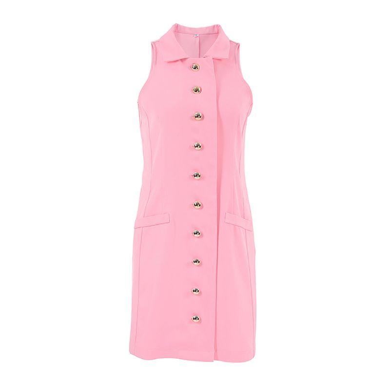 

European and American Ladies Dress Lapel Sleeveless Skirt Fashion Button 2025 Summer Casual Pink L