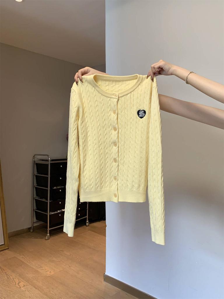 Spring college style embroidered crew neck twist sweater jacket for women with age-reducing knitted cardigan top