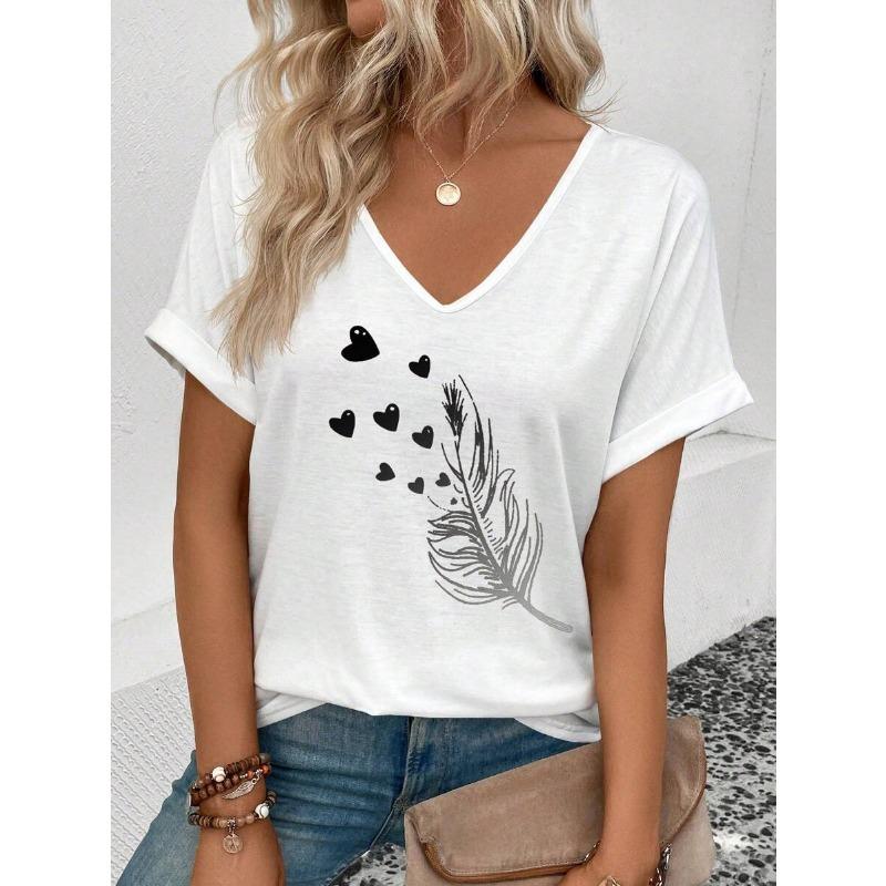 Casual Women's V-neck T-shirt T-shirt Summer Outdoor Fashion Short Sleeve Simple Pattern Printed Versatile Size Women's Clothing