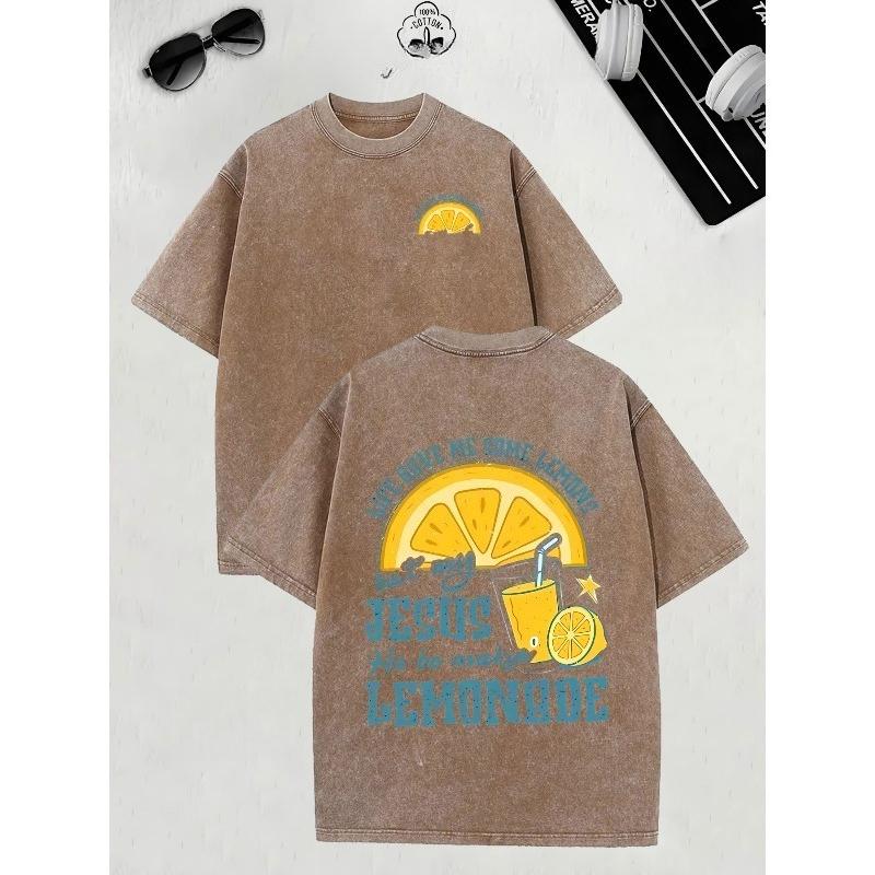 Men's Heavyweight Vintage Lemonade Print T-Shirt - Oversized Retro Lemon & Jesus Lemonade Back/ Front Design, Distressed Washed Short Sleeve Tee,