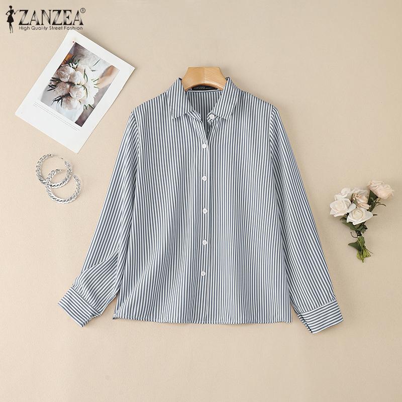ZANZEA Women Casual Turn Down Collar Loose Long Sleeve Stripe Blouse
