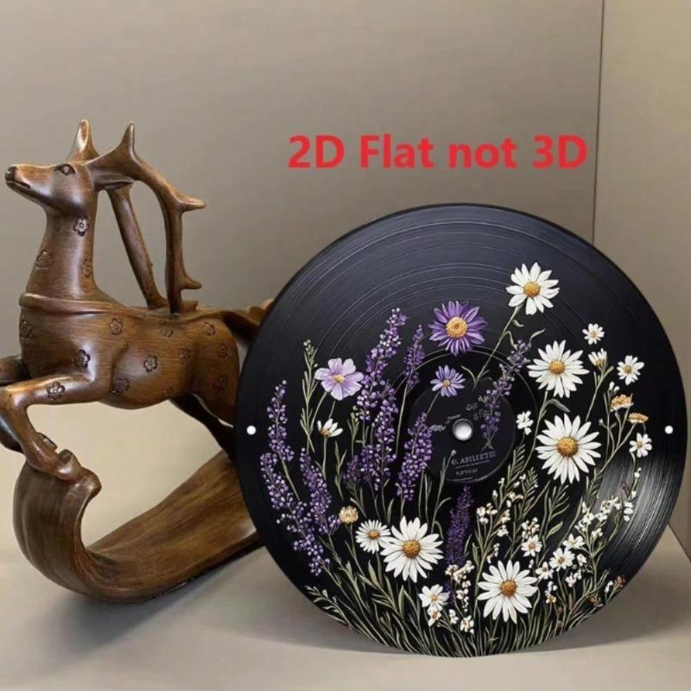Vintage Floral Record Metal Wall Art 8x8 Inch Round Aluminum Sign Black