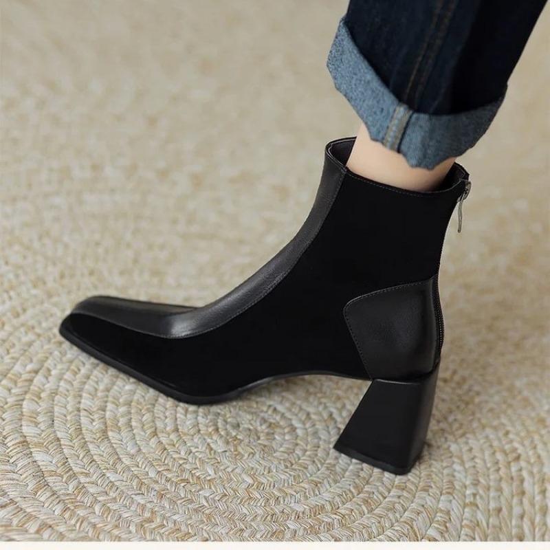 Fashion Vintage Square Toe Block Heel Booties Women French Color Block Rear Zip Simple Heel Single Boots Ankle Boots
