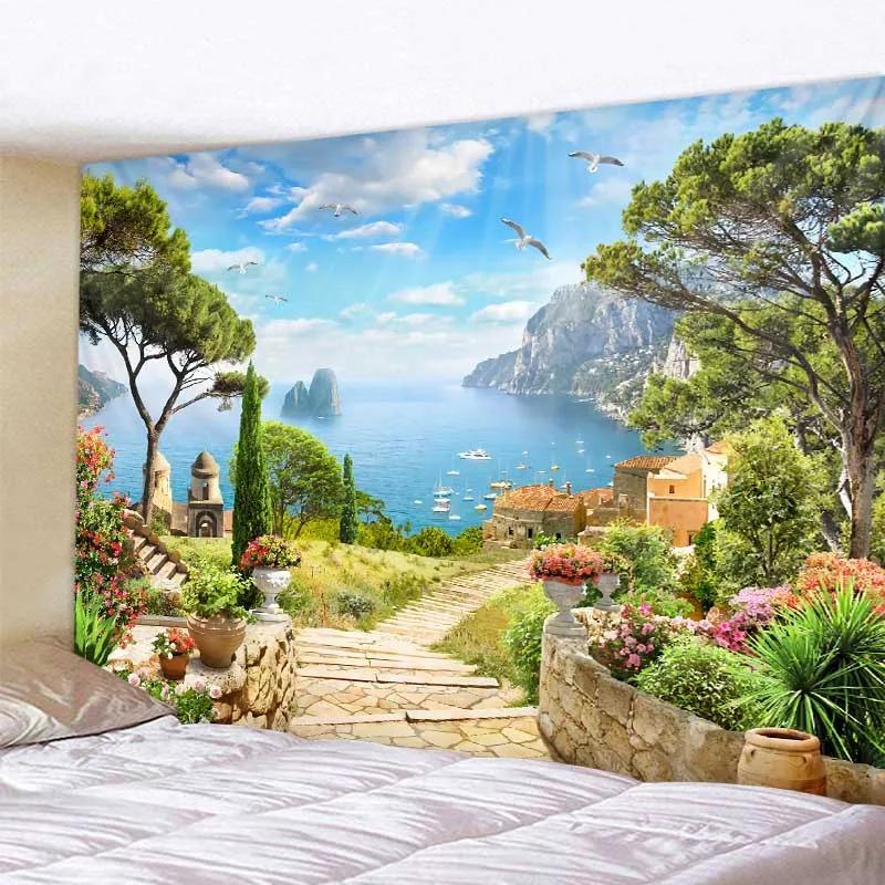 Bohemian aesthetic home wall decoration beautiful landscape tapestry European garden sea view wall hanging hippie