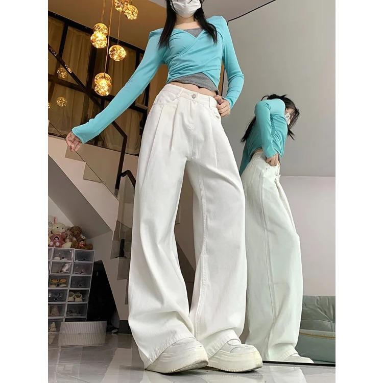 Spring Summer High Waist Wide Leg Jeans Women White Loose Wrinkle Design Fashion Drape Slimming Pants