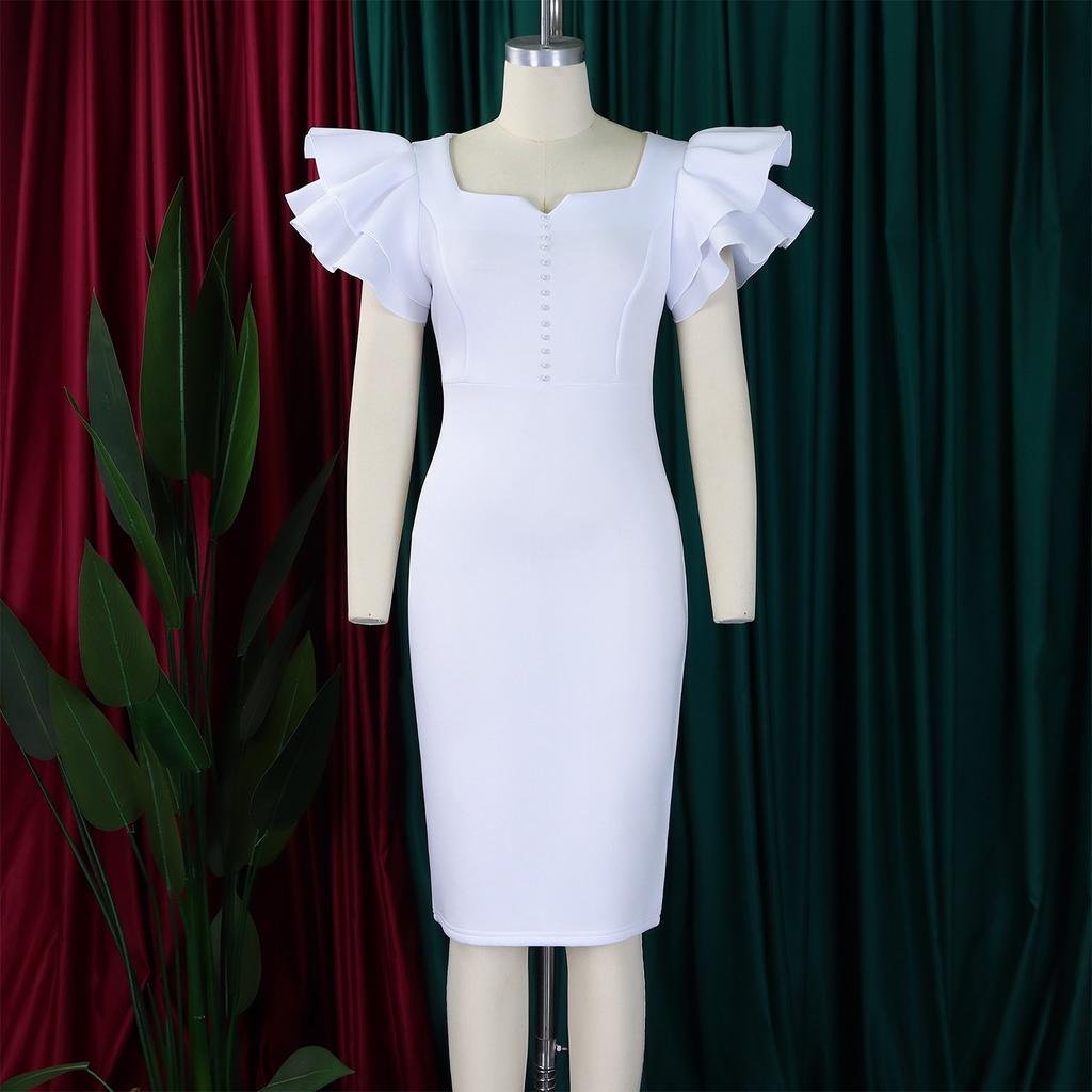 Women Square Neck Elegant Bodycon Dresses Fashion Ruffles Sleeve Beaded Plus Size Party Dress Clothes