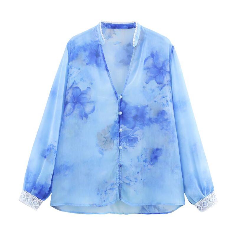 

Kaslead New Women clothes Western Style Floral Print round Neck Translucent Cover up 2907250 044 Blue L