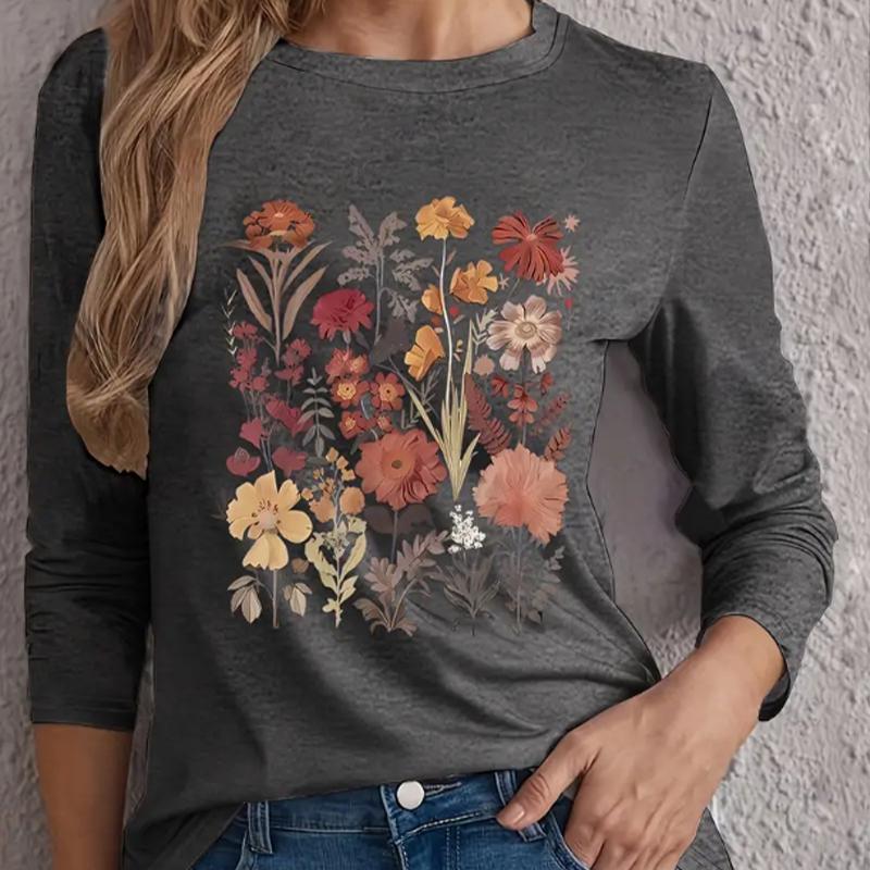 

Топы для женщин с 3D-цветочным принтом и круглым вырезом, футболка с длинным рукавом, осенний повседневный тонкий пуловер, женский топ с длинным рукавом 8XL серый