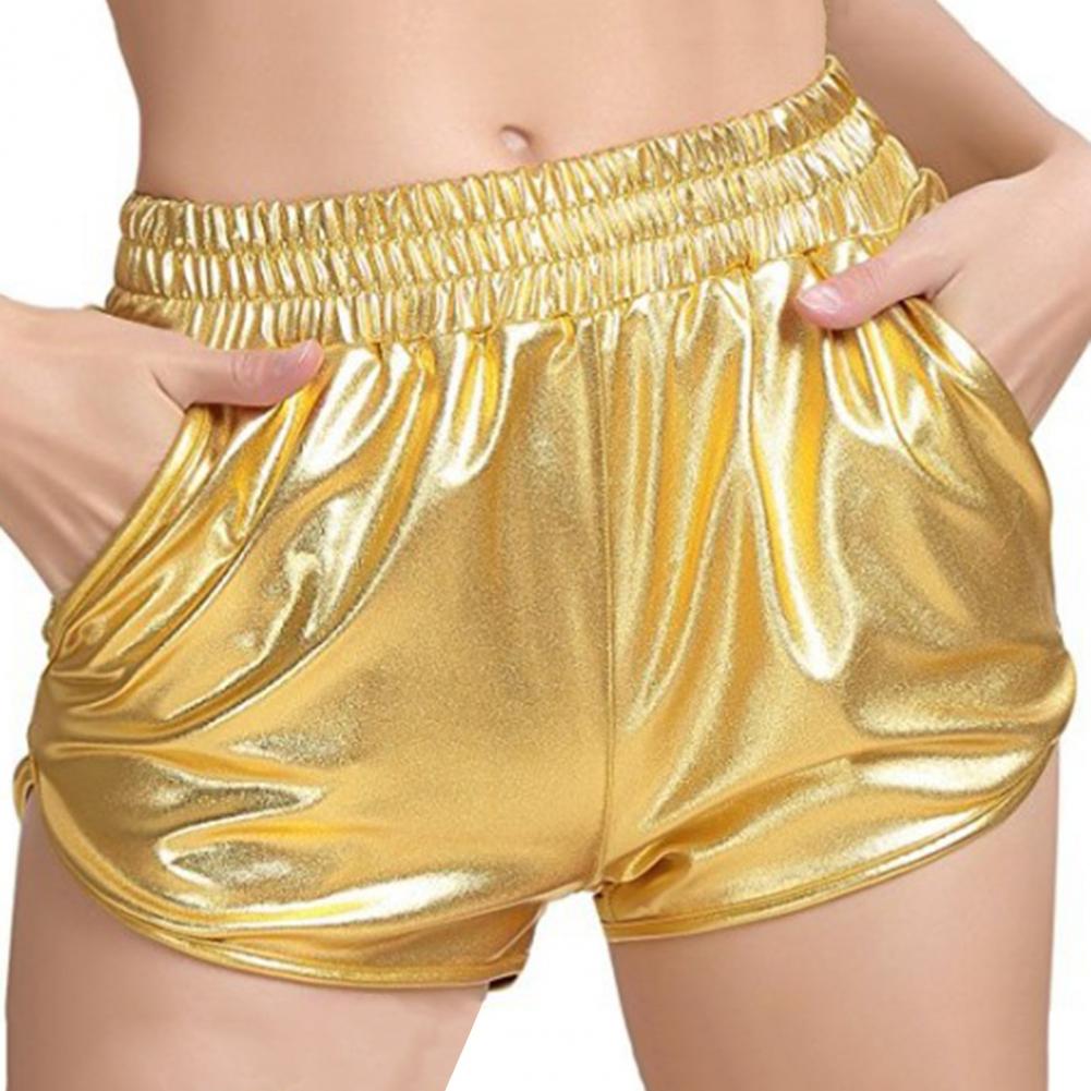 Pantaloncini casual da donna, elastici, a vita alta, superficie lucida, tinta unita, in similpelle, con tasche, streetwear XXL dorato