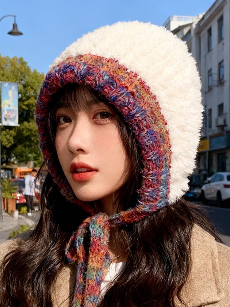 New Women'S Beige Gradient Color Knit Fur Hat Winter Warm Fashion Earflap Beanie With Lace-Up String For Ladies Sweet Casual