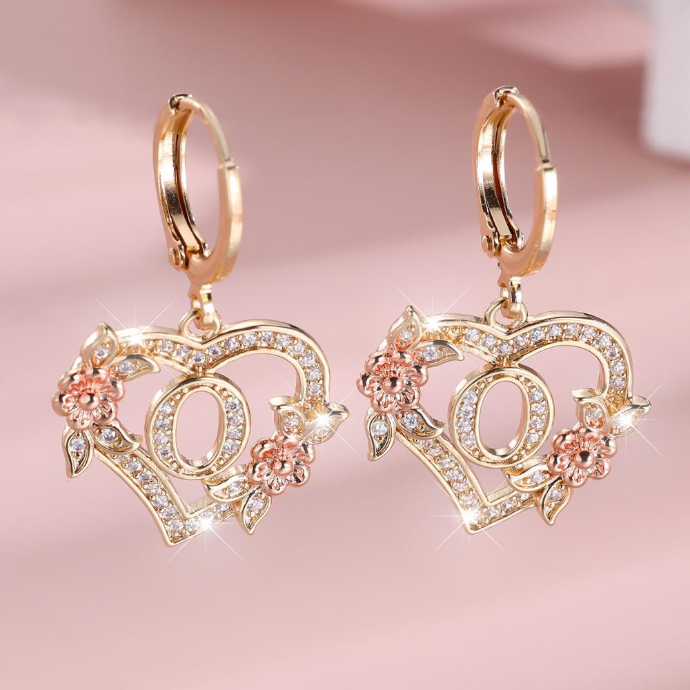 A-Z 26 Buchstaben Damen Herz Blume Creolen Vintage Goldfarbe Weiß Zirkon Hochzeits Schmuck Für Frauen
