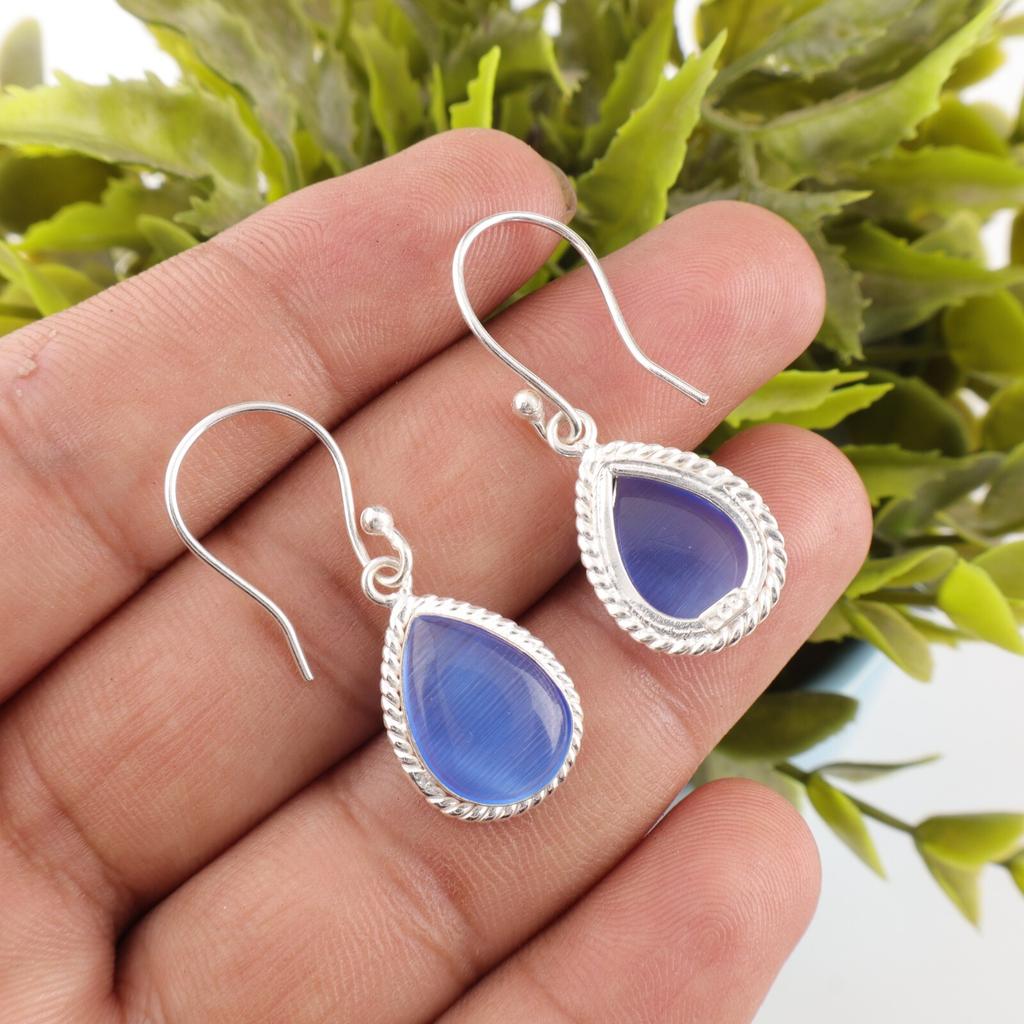 Dark Blue Cat's Eye Gemstone 925 Stamped Silver Jewelry Handmade Earrings 1.40" EE-9-45