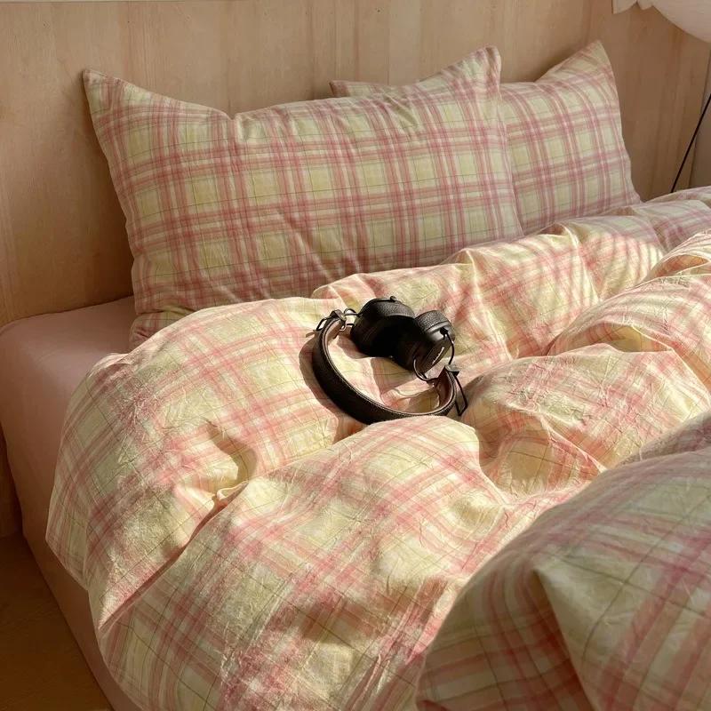 

4 шт./комплект, приятный для кожи пододеяльник, клетчатый стиль, пододеяльник, простыня и наволочка, мягкий и удобный комплект постельного белья из четырех предметов 1.5m-200x230cm-4pcs