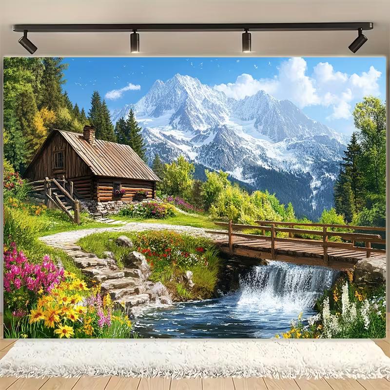 2D Scenic Mountain Backdrop, Alpine Cabin with Waterfall & Forest Photography Background