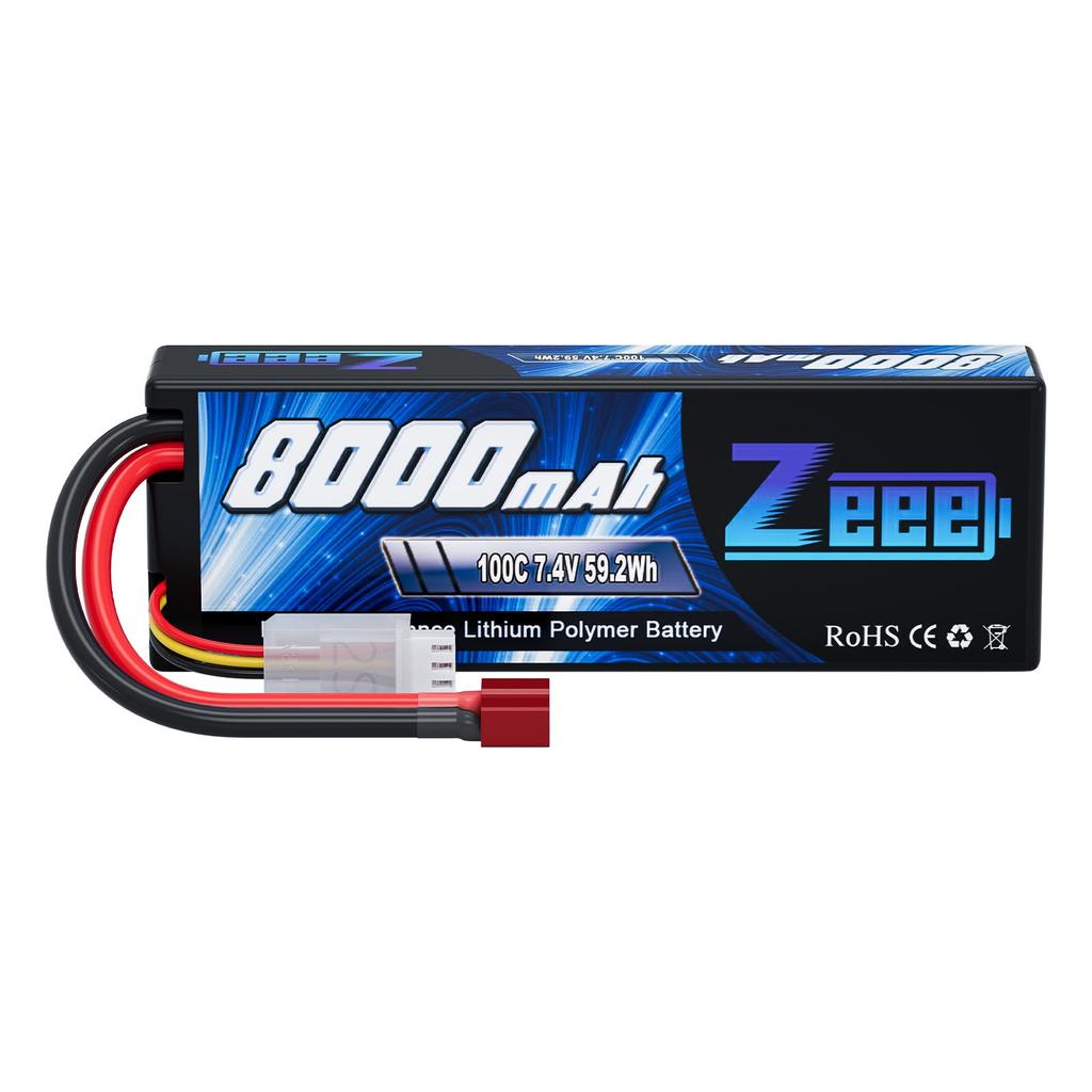 Zeee 2S LiPo 8000mAh 7.4V 100C High Capacity Battery for 18 and 110 Scale RC Cars, Radio Controlled Products, Drones, etc. (T-Plug Included)