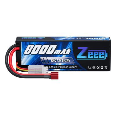 Zeee 2S LiPo 8000mAh 7.4V 100C Batteri med Høj Kapacitet til RC Biler i 18- og 110-skala, Radiostyrede Produkter, Droner, etc.. (T-stik medfølger)