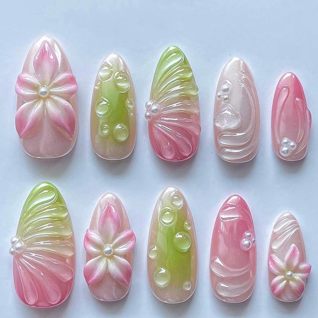 Gradient Pink-Green Floral 3D Resin Nail Tips with Pearls