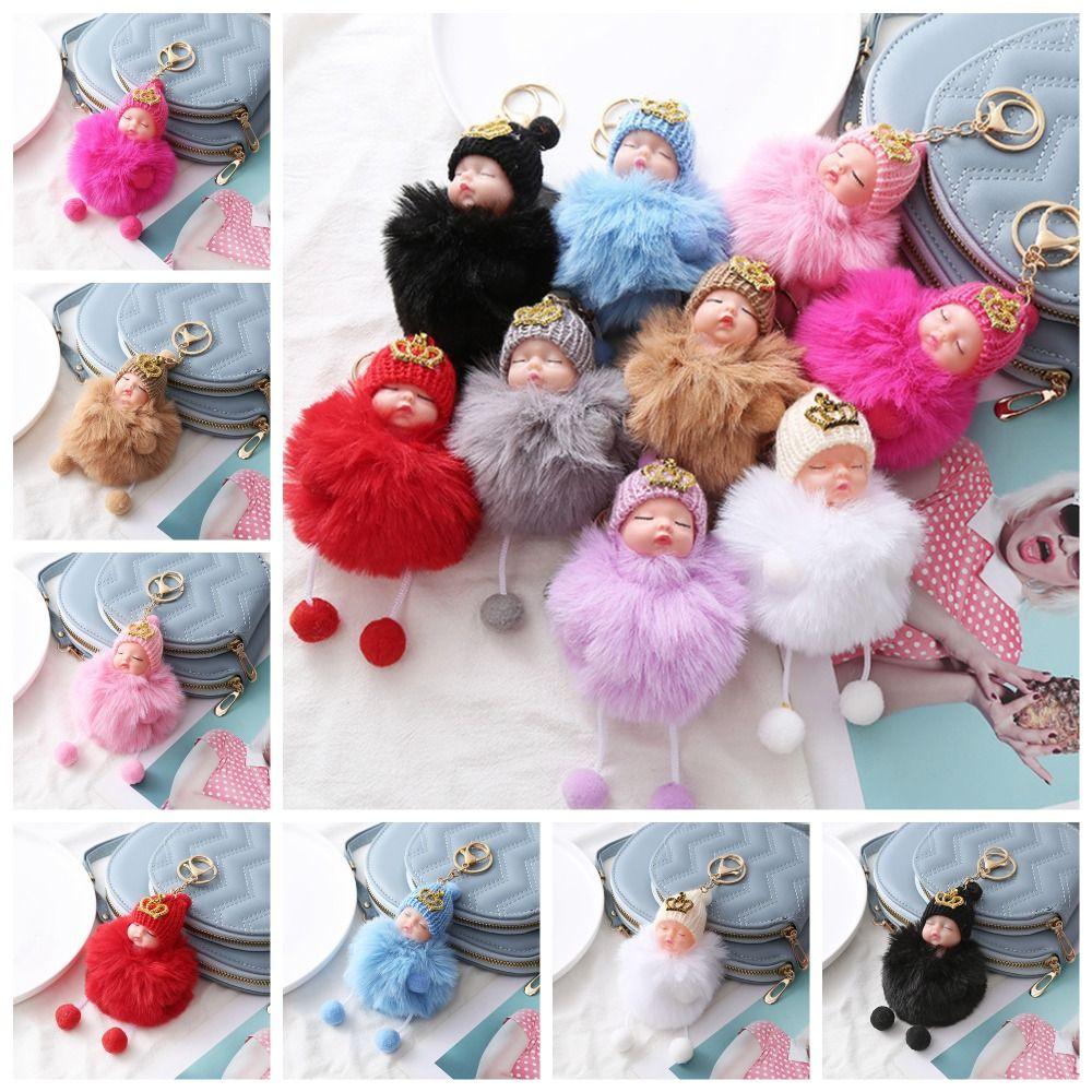 

Baby Doll Fluffy Plush Doll Key Chain Gold Crown Sleep Baby Pompom Keyring Bags Pendant