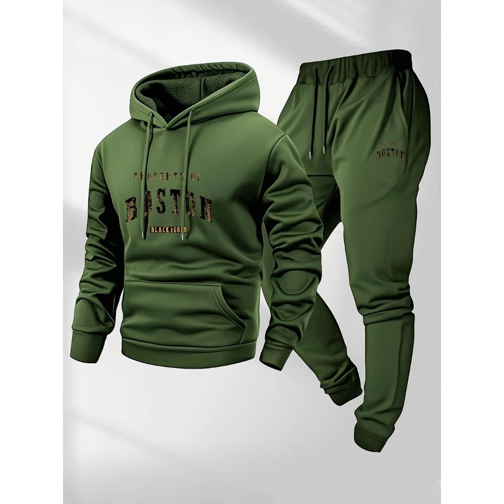 Boston Print Men's Two Piece Set, Casual Long Sleeved Hooded Sweatshirt and Sweatpants Set, Suitable for Winter and Autumn Wear, Sportswear Set